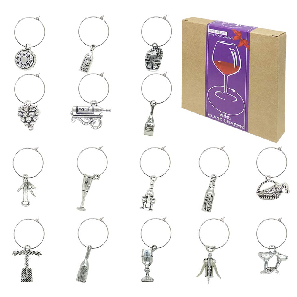 Gnollko 16pcs Wine Glass Charms,Wine Charms for Stem Glasses,Wine Glass Markers Tags,Wine Tasting Party Gifts Favors Decorations Supplies, Zinc, No Gemstone