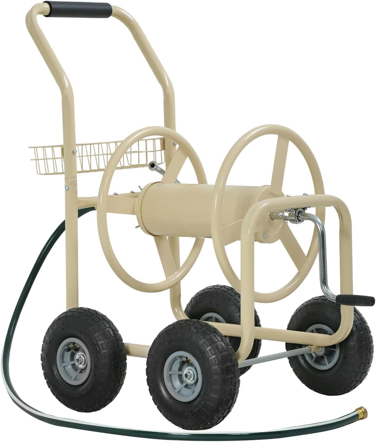Heavy Duty 5/8’’ Garden Hose Reel Cart with Wheels – 300 ft Water Hose Holder for Outside, Portable Garden Hose Reel, Outdoor Hose Storage with Foam Handle & Storage Basket (Black)