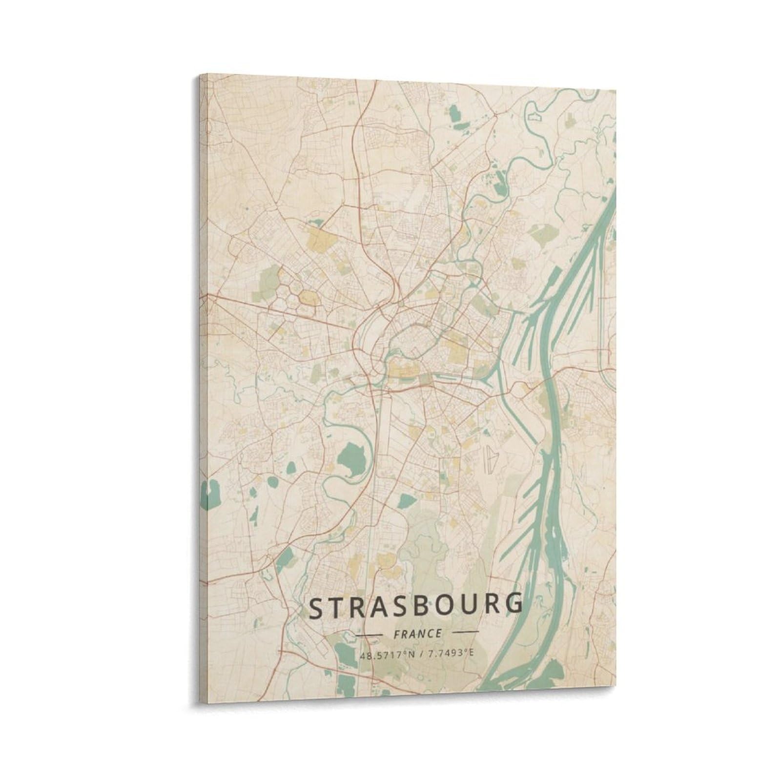 LZTEN Poster de carte de la France de Strasbourg - Impression sur toile vintage - Décoration murale pour la maison, l'école, le bureau - 30 x 45 cm