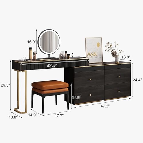 Miniatura 9 de Lartis Tocador de maquillaje con taburete, muy fácil de montar, combinación de gabinete de TV retráctil, tocador en uno, súper almacenamiento Negro