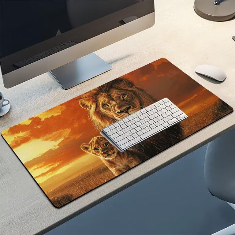 Tappetino Mouse Gaming XXL 1600 x 800 mm Tappetino Antiscivolo Sottomano Da Scrivania Per Mouse e Tastiera, Con Base In Gomma Antiscivolo, Lavabile, Mouse Pad tramonto leone, Regalo per Uomo L-927