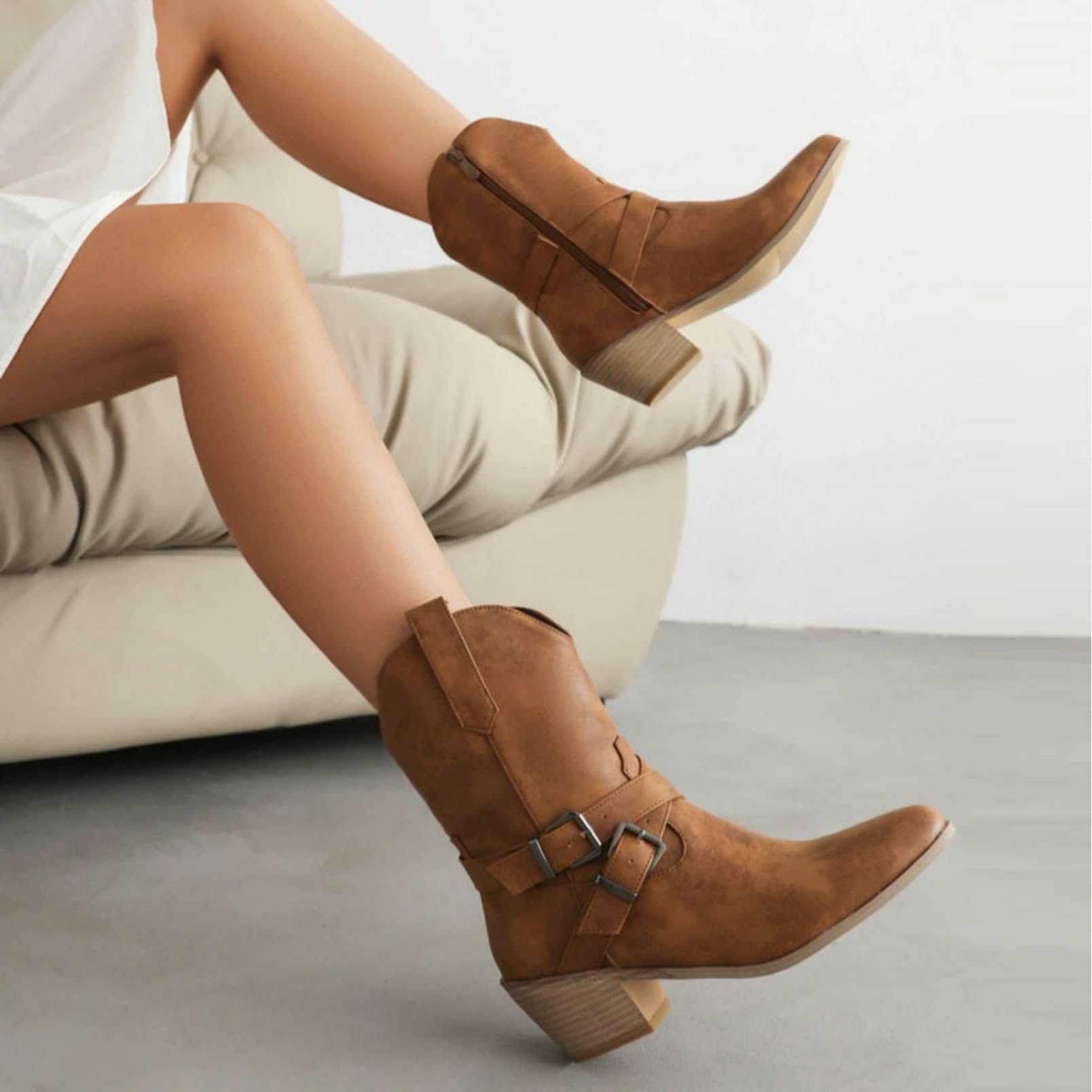 Generico Stivali Donna Western Mezzo Polpaccio Vintage con Tacco a Blocco, Stile Cowboy Autentico per Look Country