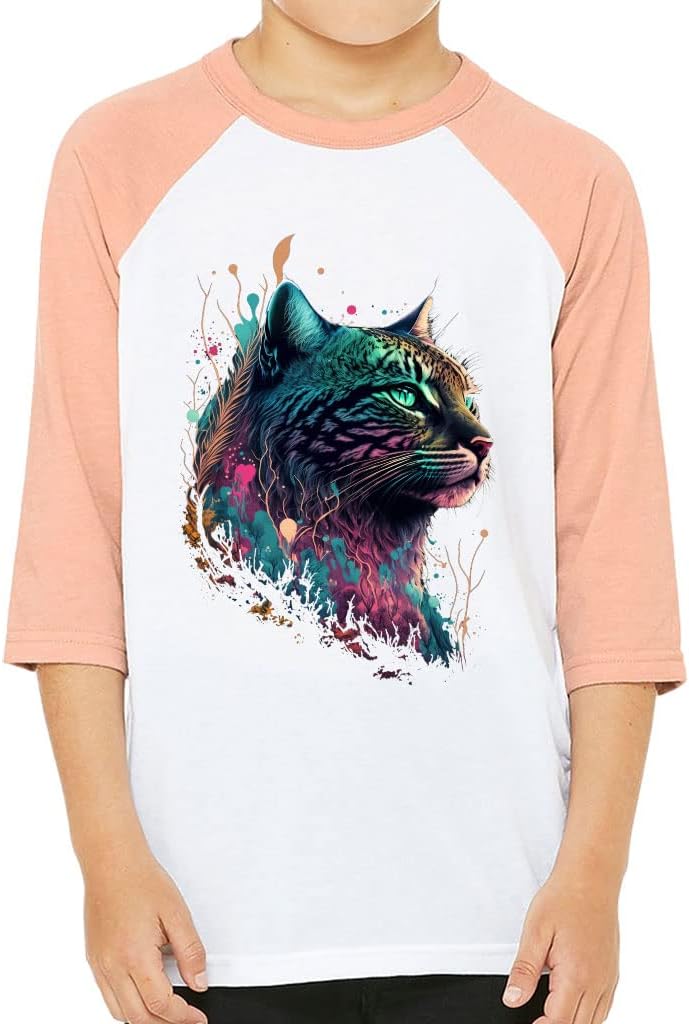 Cat Print Kids' Baseball T-Shirt - Colorful 3/4 Sleeve T-Shirt - Paint Baseball Tee