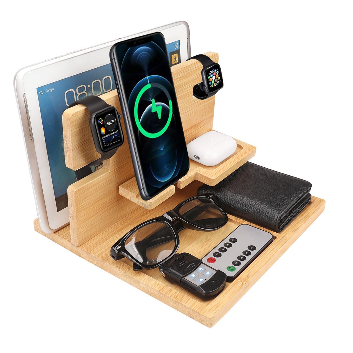 Soporte de bambú para teléfono, cartera, reloj, mesita de noche, organizador de escritorio para Apple Watch, lápiz, monedero, llaves