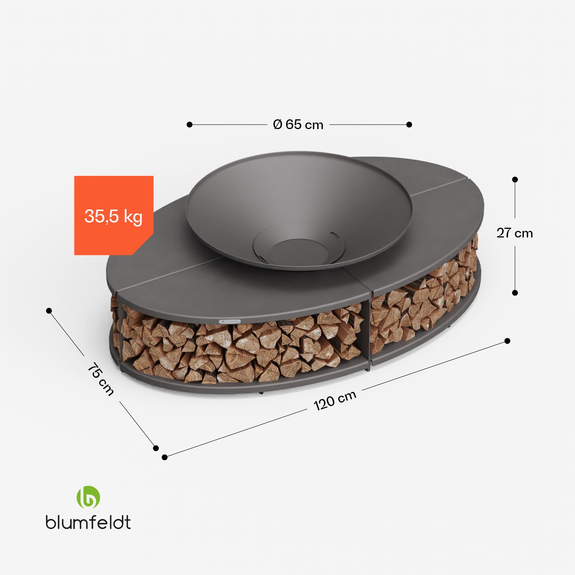 Blumfeldt Ebeko Brasero Exterieur - Barbecue & Table, 3-en-1 Brasero en Acier Durable, Pare-Étincelles & Tisonnier Inclus, Rangement Bûches, Housse Imperméable, Idéal Jardin & Terrasse
