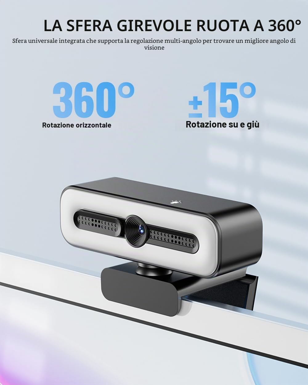 Webcam 4K UHD Ring Light per PC, webcam 1080P 60FPS con doppio microfono AI con cancellazione del rumore, correzione automatica della luce, copertura della privacy, FOV 73°, autofocus PDAF, copertura