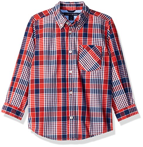 Tommy Hilfiger Big Boys Everett Long Sleeve Woven Shirt, Holly Red, Large