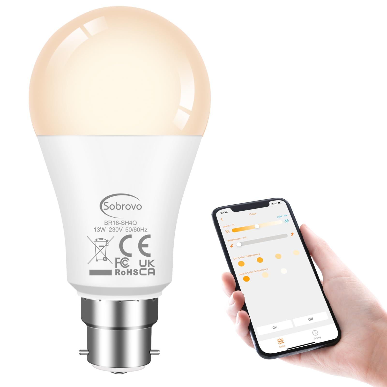 SOBROVO LED Light Bulb 13W Warm White-White 2700K-6000K 130W Equivalent B22 Smart Bluetooth Remote Control Light Bulbs - Compatible with Alexa,Energy Saving,Bayonet Fitting,Indoor Lighting 1Pack