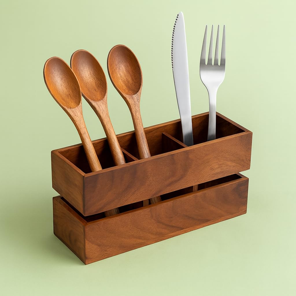 Craft Expertise Wooden Spoon Holder Cutlery Rack for Kitchen Dining Table Restaurant-Brown