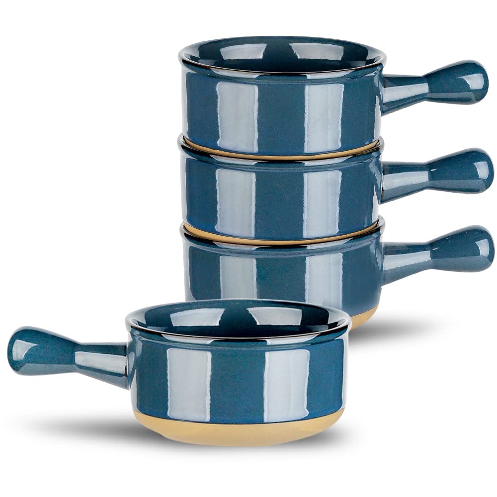 HVH French Onion Soup Bowls With Handles Microwave Safe, Ceramic Soup Bowl Set of 4, 15 Oz Soup Crocks for Oatmeal, Stew, Chili, Dessert, Farmhouse Style (Blue)