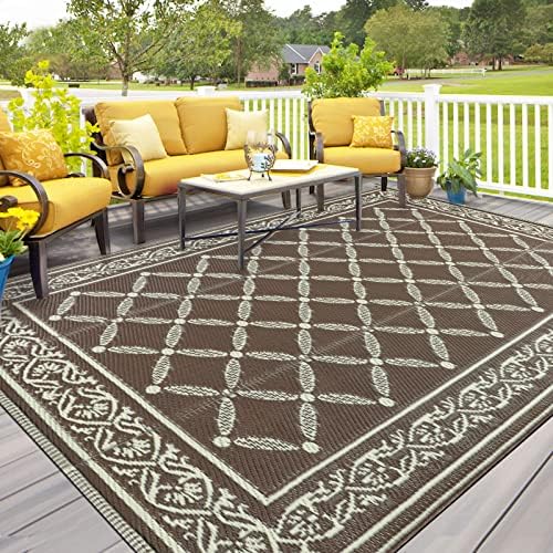Capslpad Outdoor Patio Rug 4'x6' Plastic Straw Rug Reversible Mats RV Camping Rug Indoor Outdoor Rug for Picnic Beach RV Camping Backyard Deck Porch Balcony Garden Decor,Brown and White