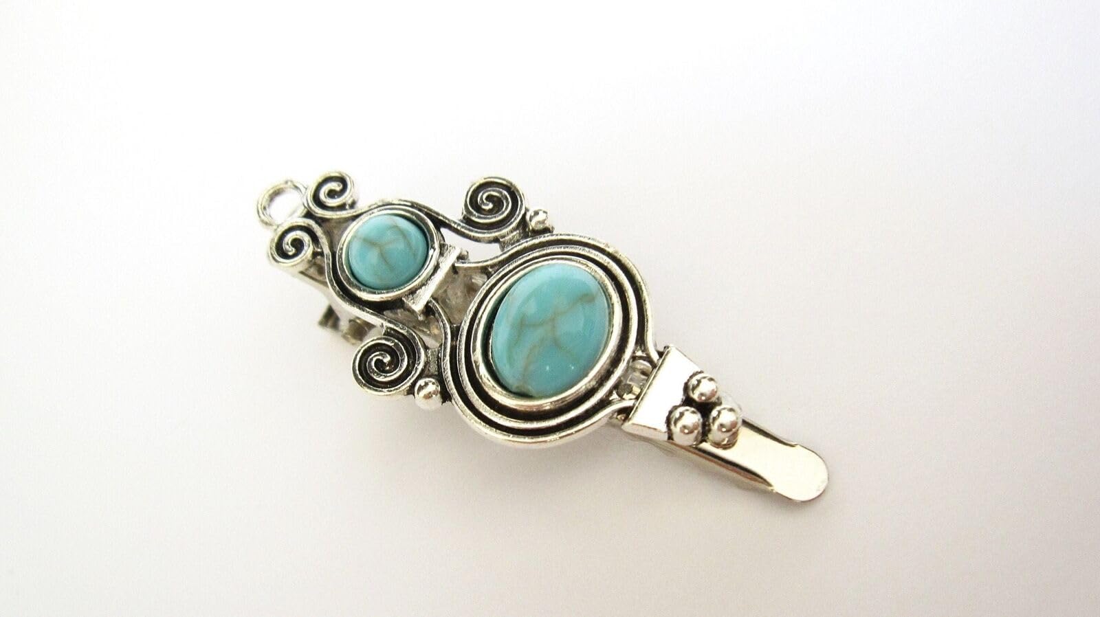 Small turquoise blue stone tribal design metal alligator hair clip fine thin