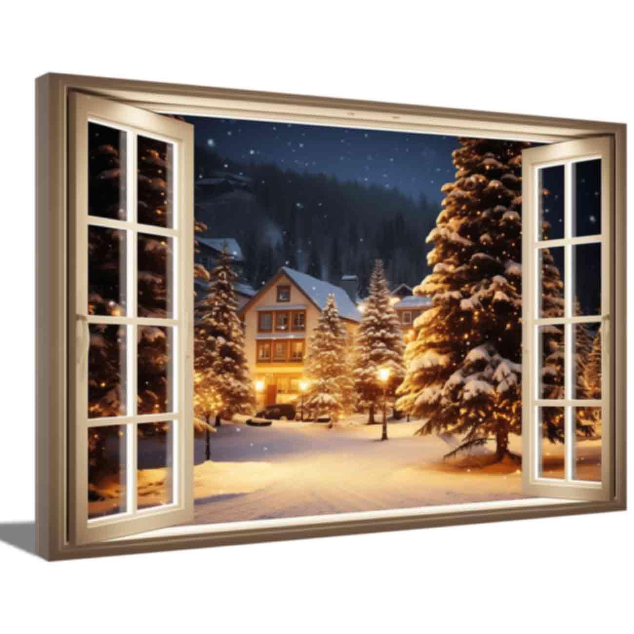 ZQQART Christmas Landscape Canvas Wall Art Christmas Tree in Snow with Window Pictures Prints Winter Forest Art 3D Window Framed Painting Framed (Gold,20.00" x 30.00")