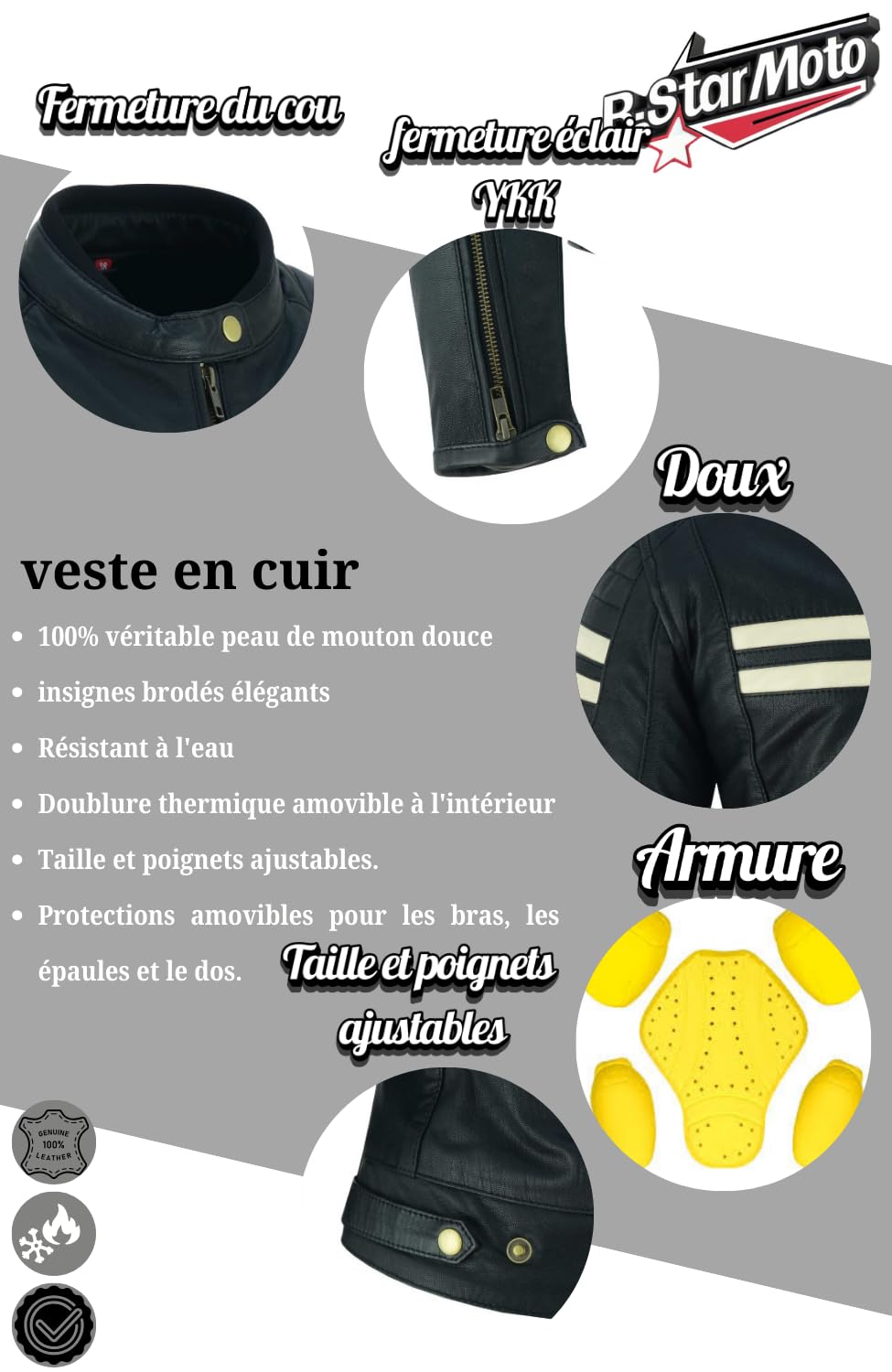Veste de Moto En Cuir Pour Femme- Blouson Avec Protection Douce Cuir Et Vent Armure Corps été Hiver Tourisme Motard Blinde Noir