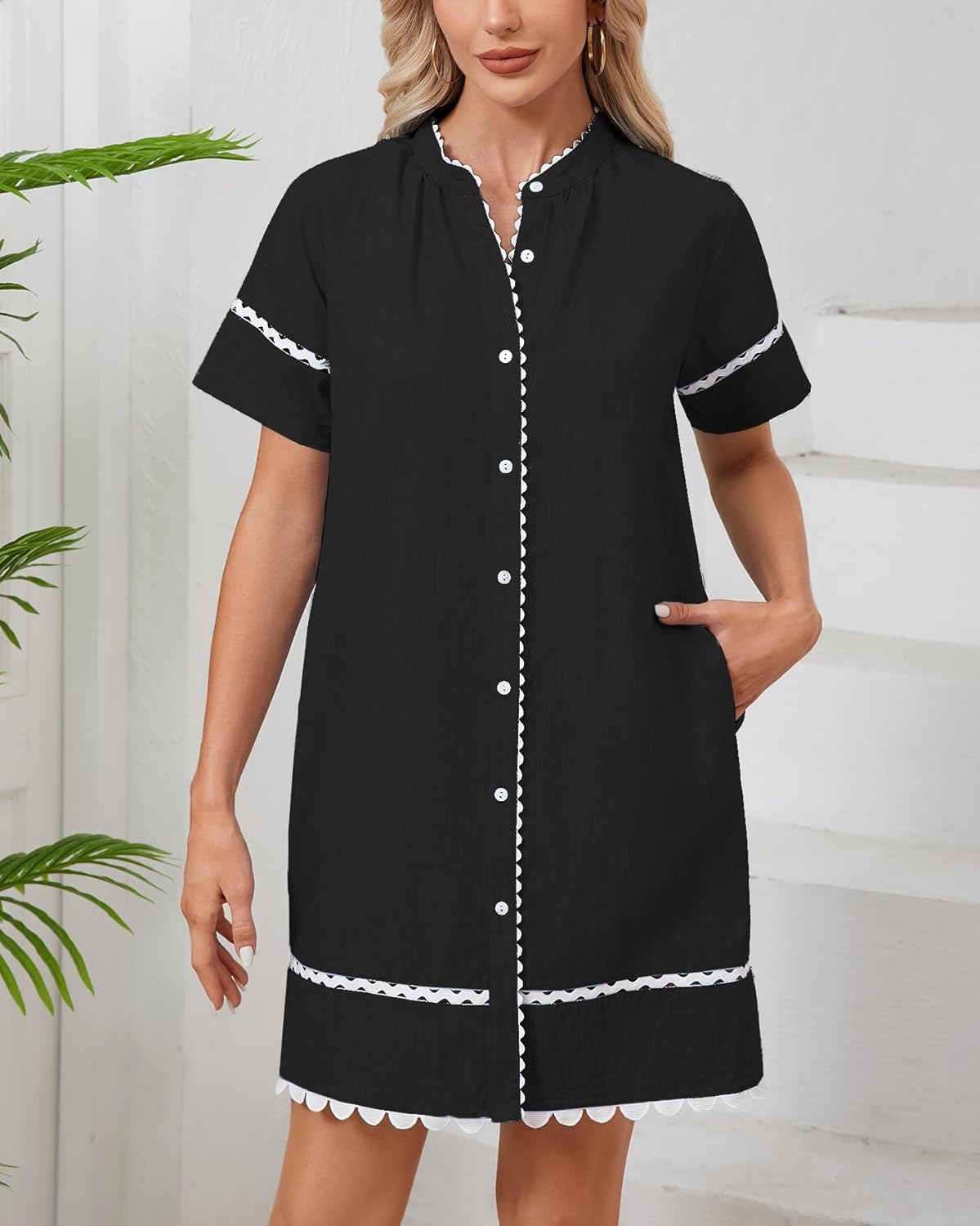 Women's Short Sleeve Summer Shirt Dress Button Down Belted Tunic Mini Dresses RIC Rac Trim Sundress with Pockets - Image 5