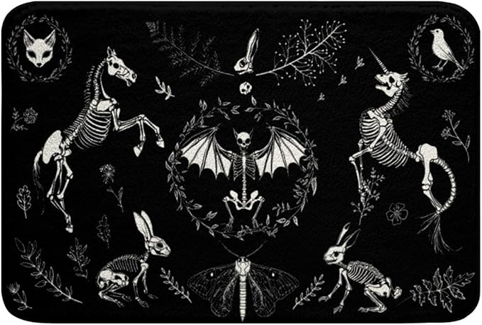 Sugar Skull Bath Mat Skeleton Bones Non Slip Absorbent Bath Rugs,Gothic Moth Decor Super Cozy Microfiber Bathroom Rug 20x32 Magic Unicorn Rabbit Skulls Floor Mat,Halloween Horror Door Mat,Black White