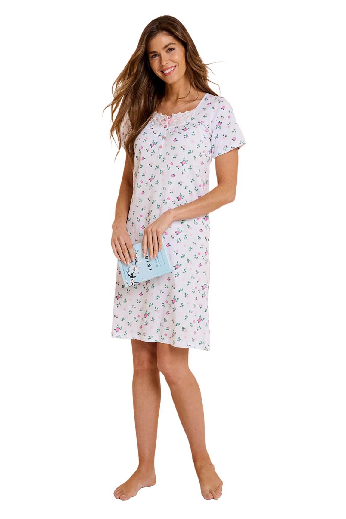 Chums Ladies Cotton Jersey Ditsy Floral Nightdress Broderie Trim Sleepwear Sizes 10-24 Length 40in Pink 10-12