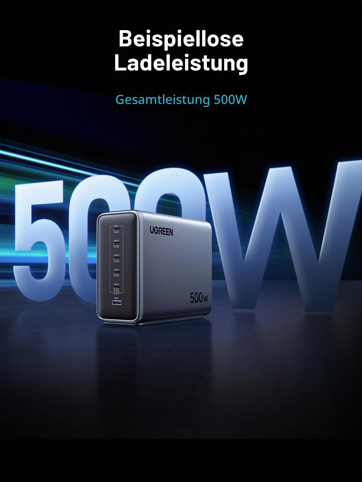 UGREEN Nexode 500W GaN Schnellladestation Ladegerät Aufladestation - 6 Ports USB-C & USB-A, 240W Single Port, Smart Temperaturkontrolle, platzsparendes Design, für Laptops, Handys und mehr