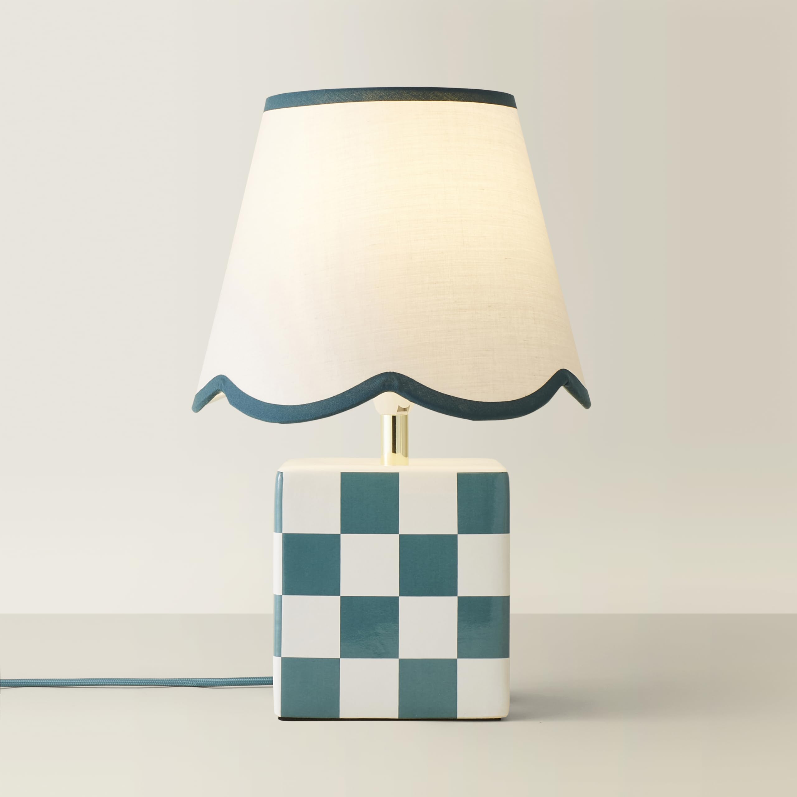 Valuelights Unisex Green Evie Ceramic Check Cube Table Lamp W/ Trim Linen Scallop Lamp Shade In