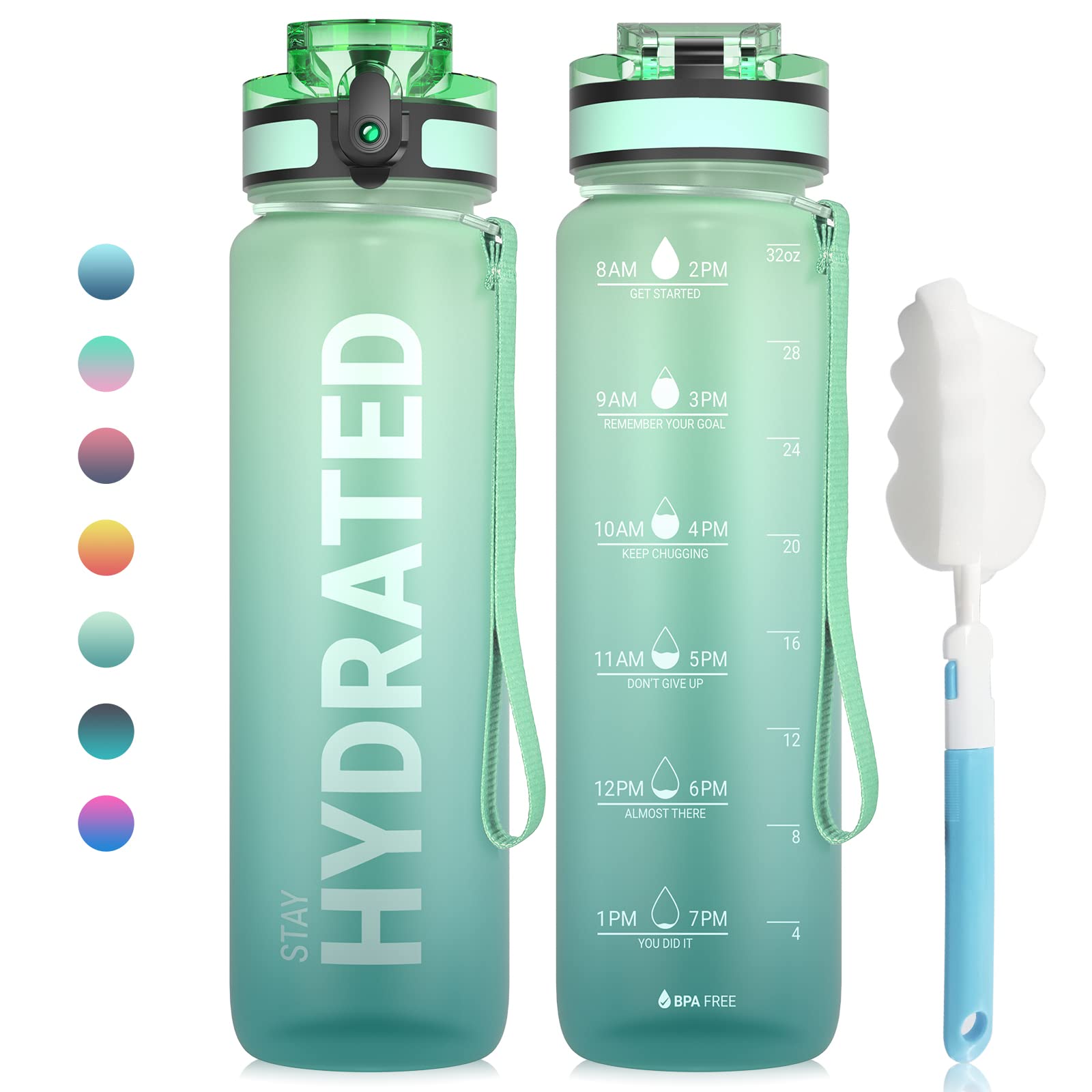 Sahara SailorWater Bottles, 32oz Motivational Sports Water Bottle with Time Marker - Times to Drink - Tritan, BPA Free, Wide Mouth Leakproof, Fast Flow Technology with Clean Brush (1 Pack)