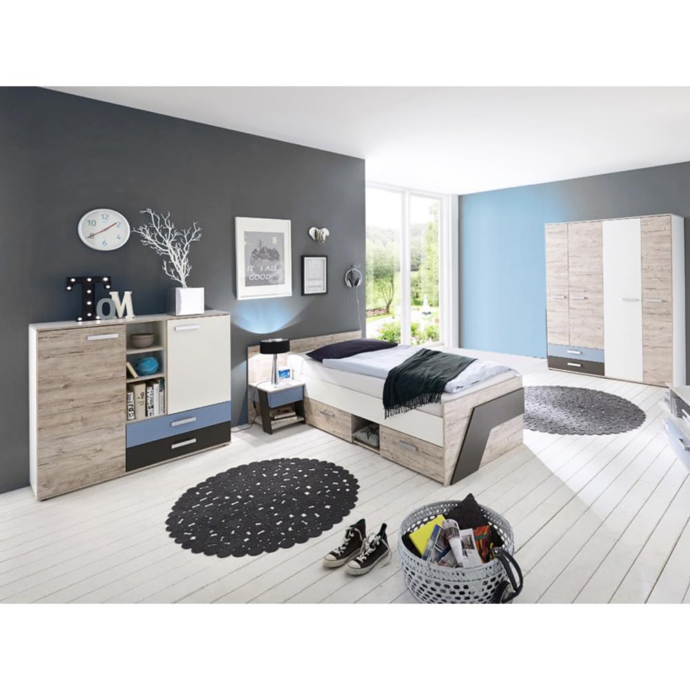 Lomadox Jugendzimmer Kinderzimmer Komplett Set, Sandeiche mit weiß, Lava blau, 90x200 Bett, Kleiderschrank, Nachttisch