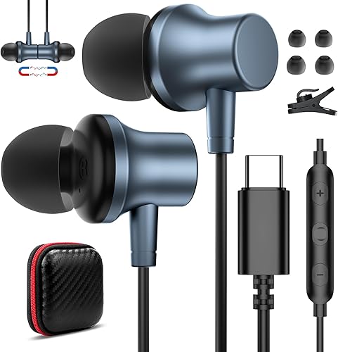 Miniatura 6 de AFGHOA Funda para Galaxy S24 Ultra, funda tipo cartera para Samsung S24 Ultra + auriculares USB C tipo C, auriculares magnéticos con cancelación de