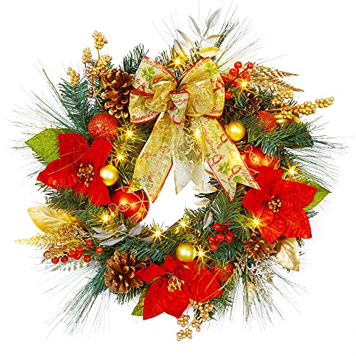 24" Prelit Christmas Wreath with Lights, Battery Operated Xmas Garland with Decorations, Wreath for Front Door Porch Wall Window Fireplace Outdoor Home Holiday Accent