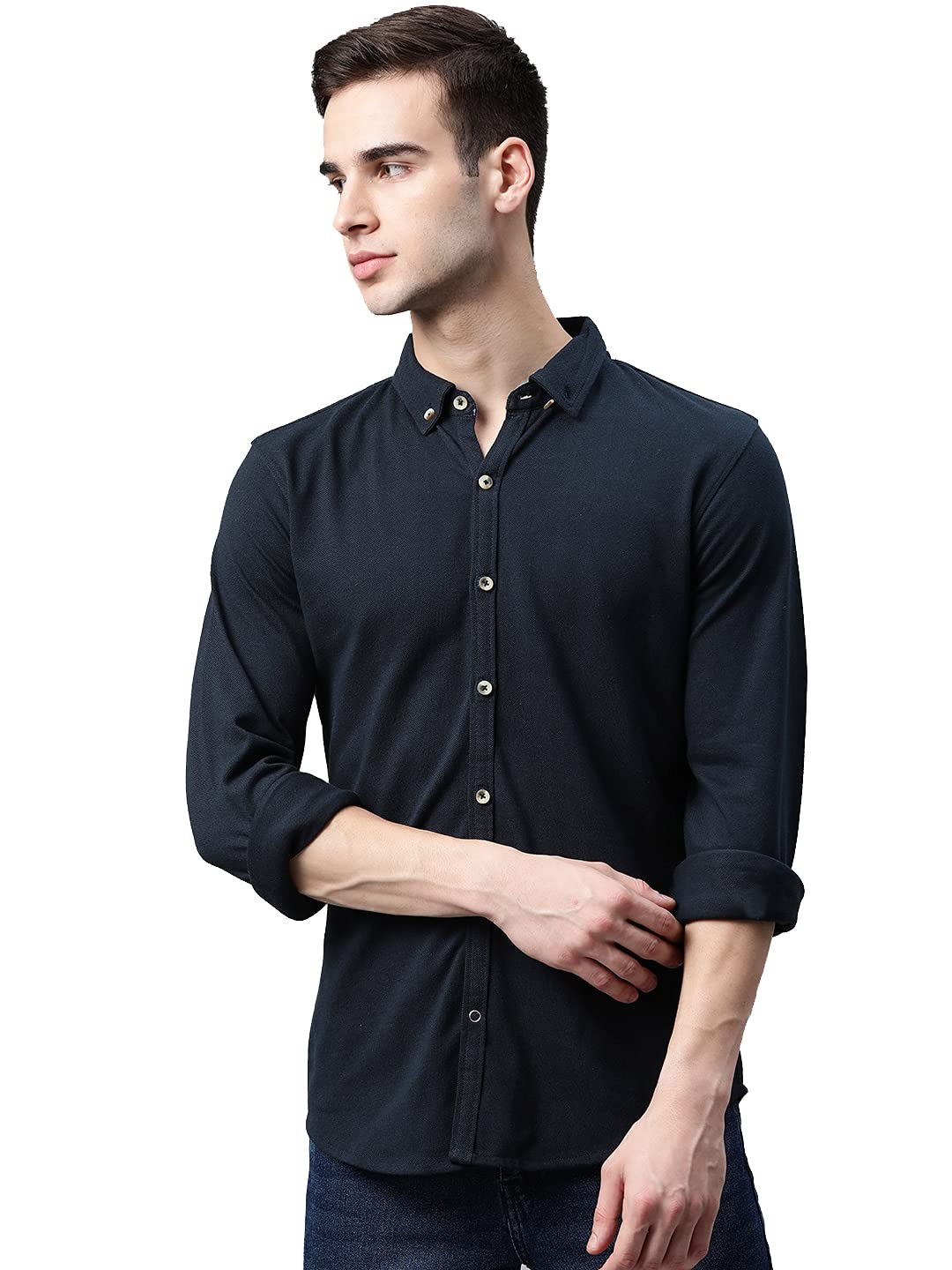 MANQMen's Slim Fit Solid Knitted Casual Shirt