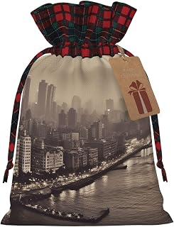 Mumbai city of dreams Christmas Gift Bags with Tags & Ribbon Ties, Xmas Drawstring Candy Treat Bag Buffalo Plaid Christmas Gifts Sacks Reusable Gift Wrapping Bags for Holiday Party Favors Small