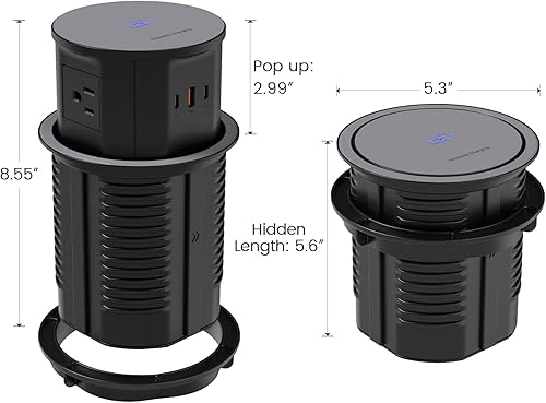 Miniatura 6 de Toma de corriente desplegable para encimera con cargador inalámbrico de 15 W, estación de carga USB C de 65 W, 4 tomas, 2 USB C, USB A, receptáculo