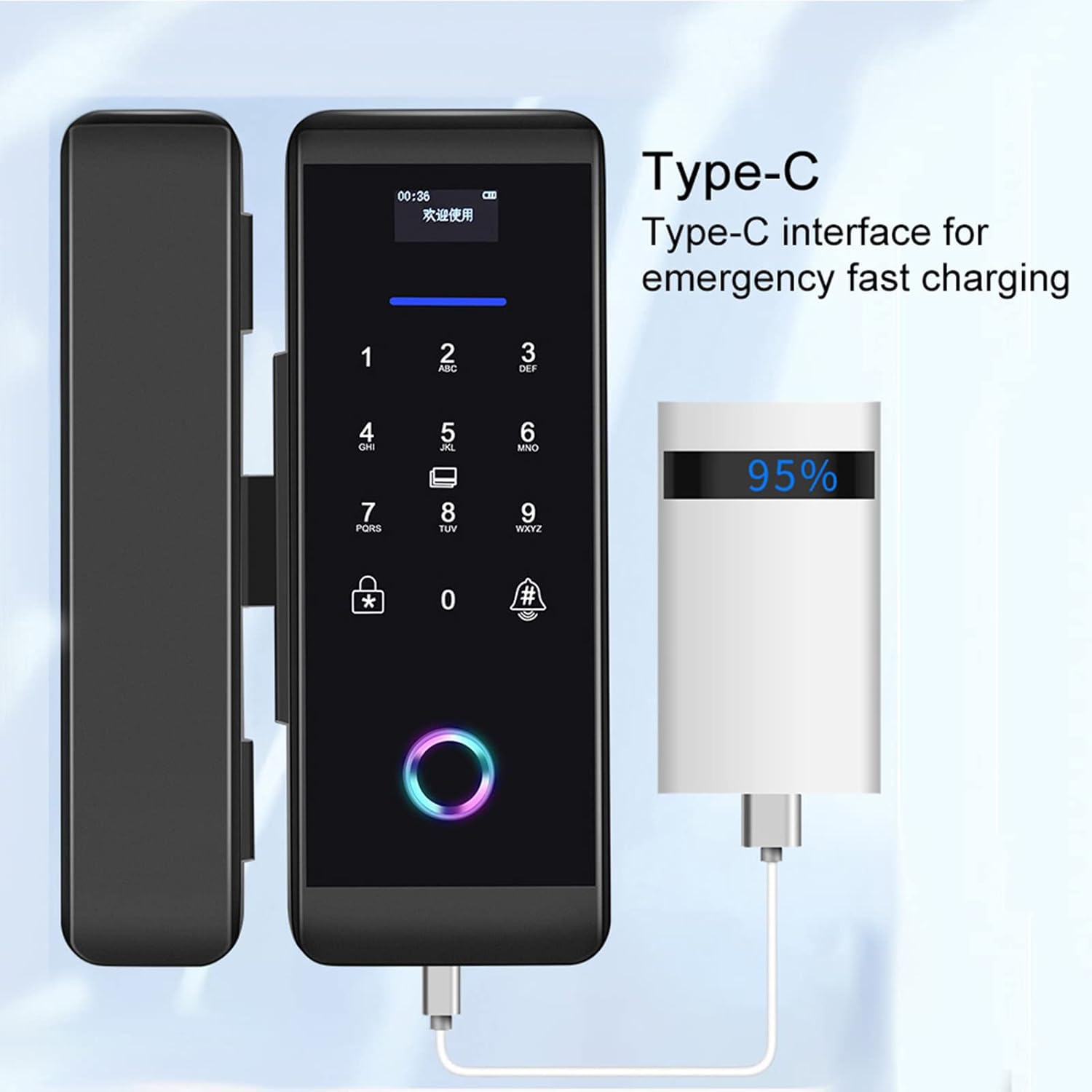 The smart lock connected via a Type-C cable to a power bank, illustrating the emergency fast charging feature. A battery icon shows 95% charge.
