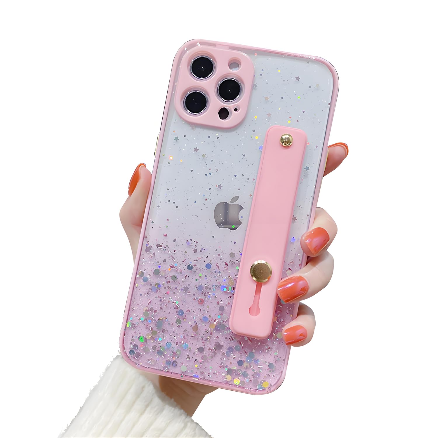 siduater Strap Case for 6.7" iPhone 12 Pro Max with Wristband Kickstand, Bling Glitter Sparkle Clear Cover Soft TPU Bumper Adjustable Hand Grip Loop for iPhone 12 Pro Max 6.7 Inch, Pink