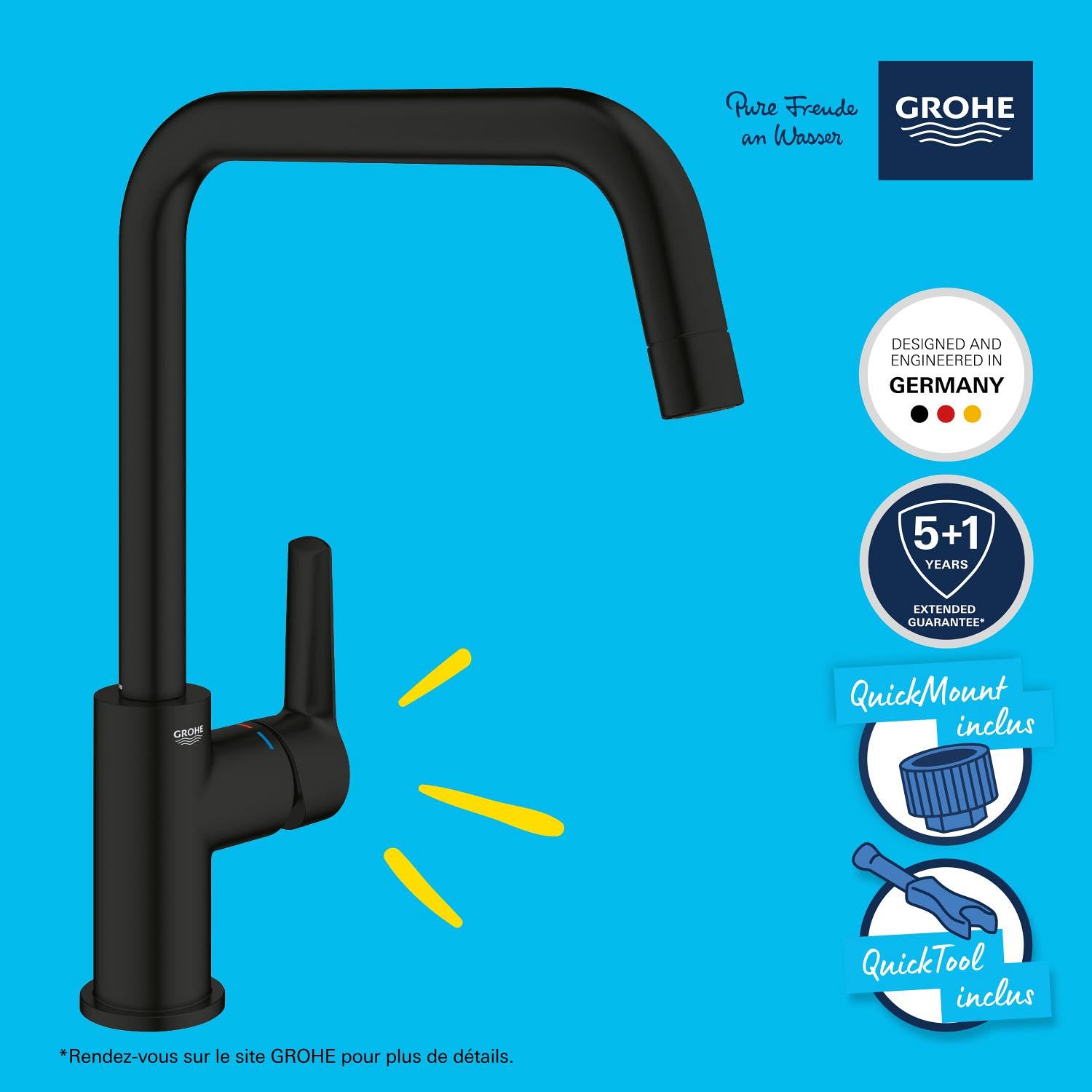 GROHE QUICKFIX Start Robinet de cuisine, Mitigeur Monocommande Evier, Bec Haut, Rotation 150°, Noir Mat, 304702430