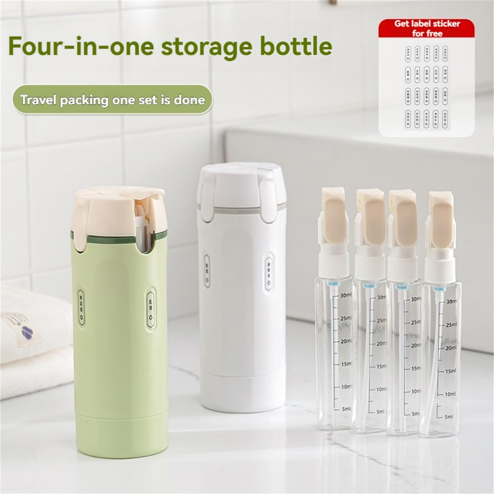 Bottiglie da viaggio 4 in 1 ricaricabili con design a prova di perdite, bottiglie portatili comprimibili per shampoo e liquidi, etichette facili da scalare