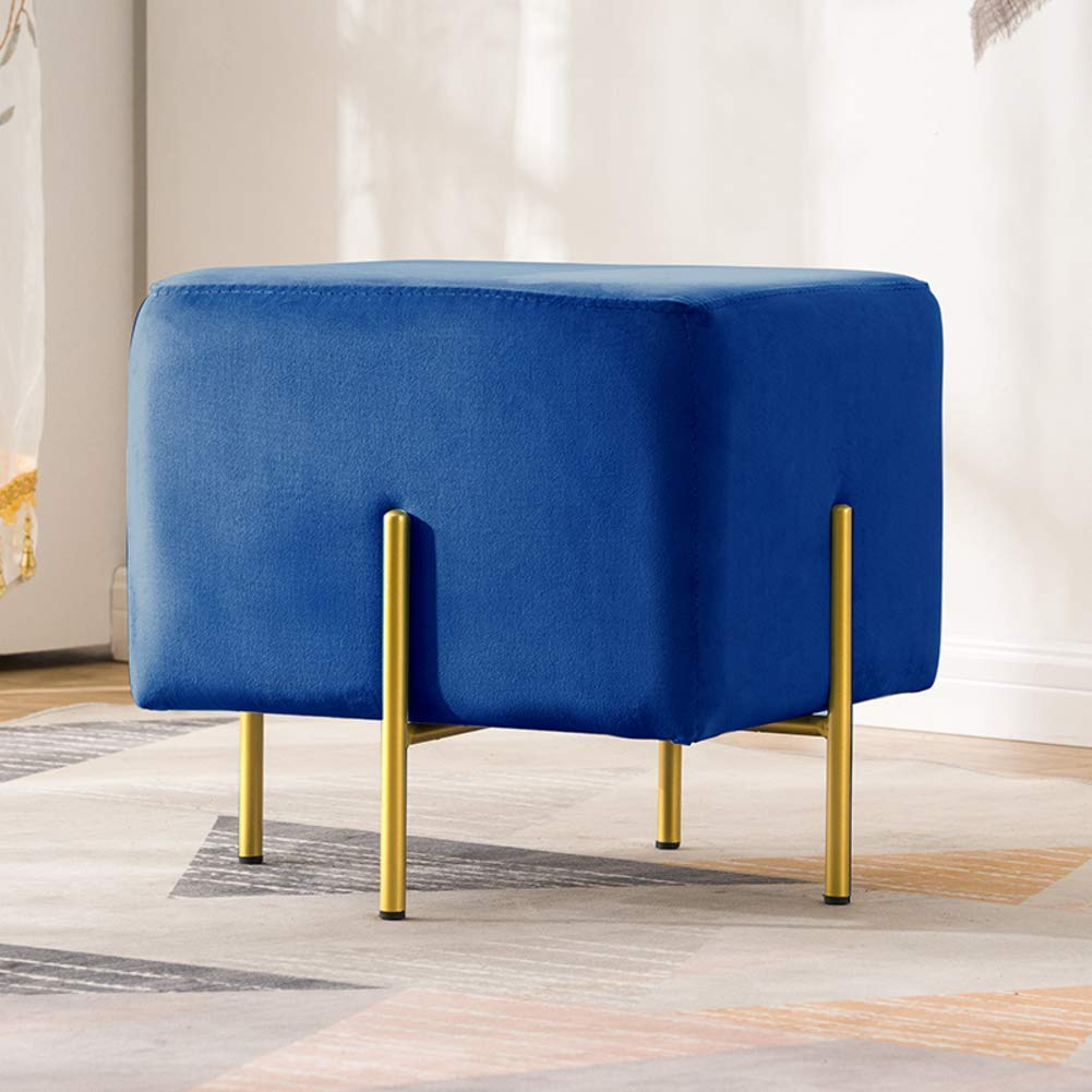 Pouf ottoman bleu royal et table basse ronde 42x40 cm avec pieds dorés pour salon