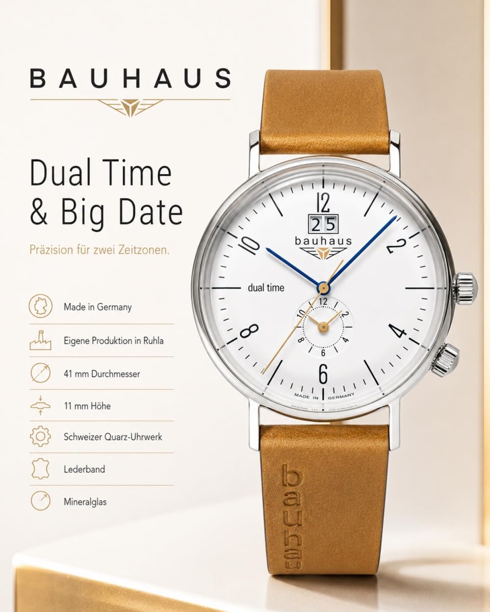 Bauhaus 2144-1 Herrenuhr Quarz Leder Braun Made in Germany 44 mm