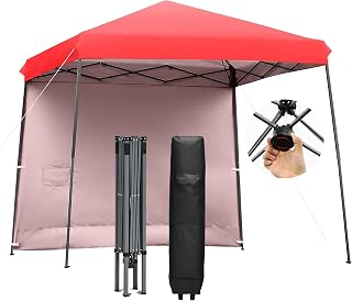Tangkula 10x10 ft Pop up Canopy Tent, One Person Set-up Instant Shelter with Central Lock, Compact Portable Canopy with Roll-up Side Wall, Roller Bag, Stakes & Wind Ropes (Red)