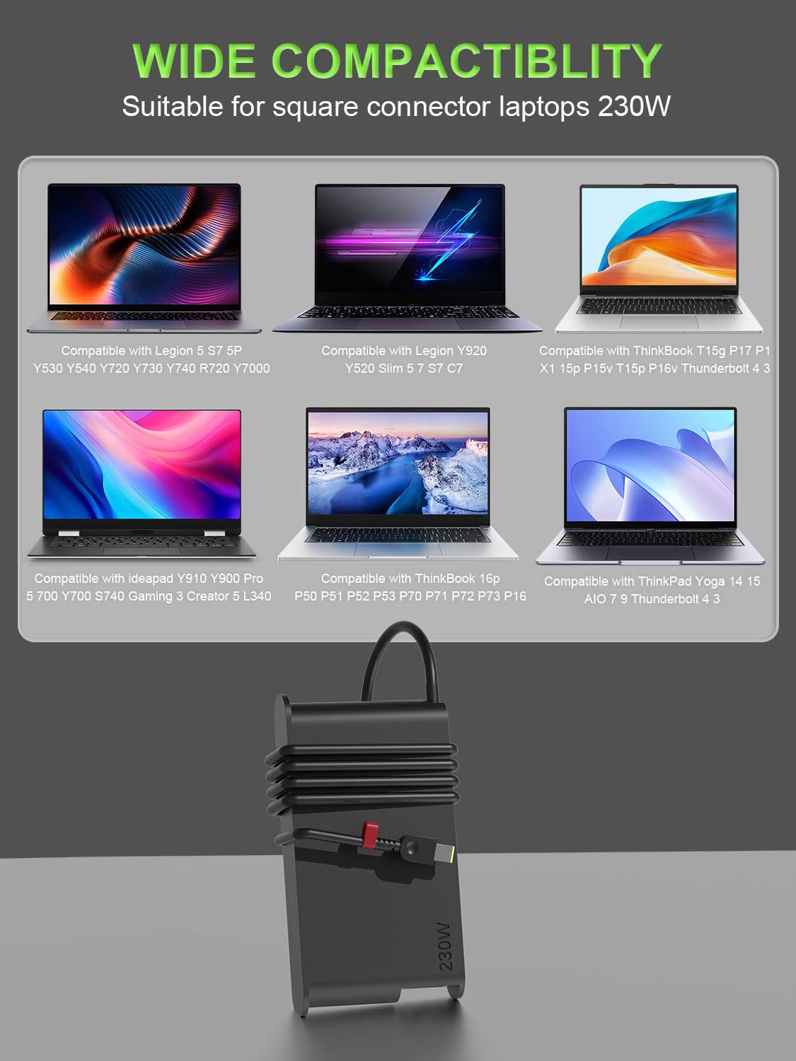Cargador Slim 230W Compatible con Lenovo Legion Pro Slim 5 5i 5P 7 S7 Y740 Y920 Y720 Y545 R720 ThinkPad P73 P72 P71 P70 P53 P52 ideapad Y910 Y900 Laptop