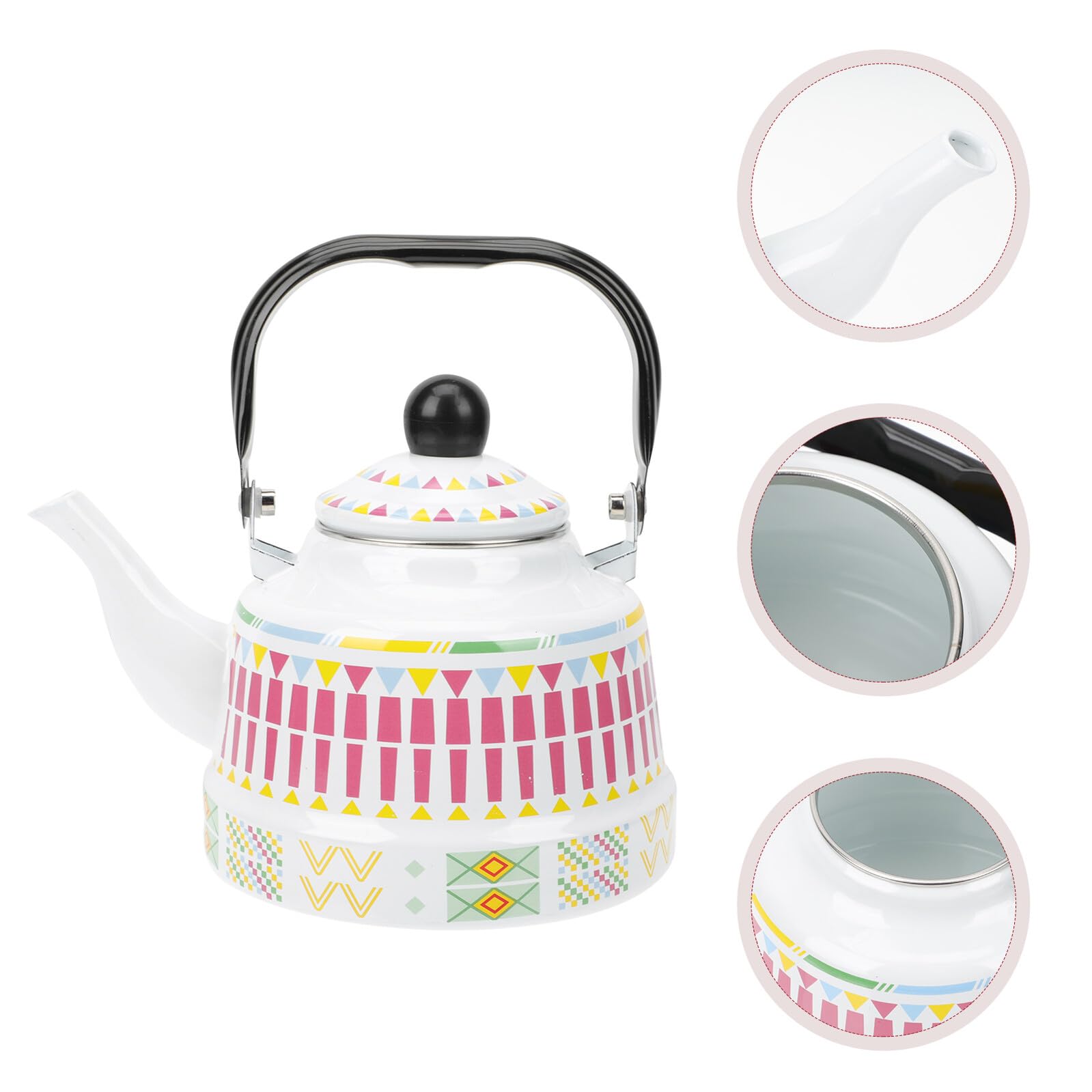 Bollitore da Cucina Smaltato 1,7l Bianco Design Geometrico, Pentola per Bollire Acqua Compatibile Piani Induzione, Teiera Domestica Manico Ergonomico per Uso Quotidiano