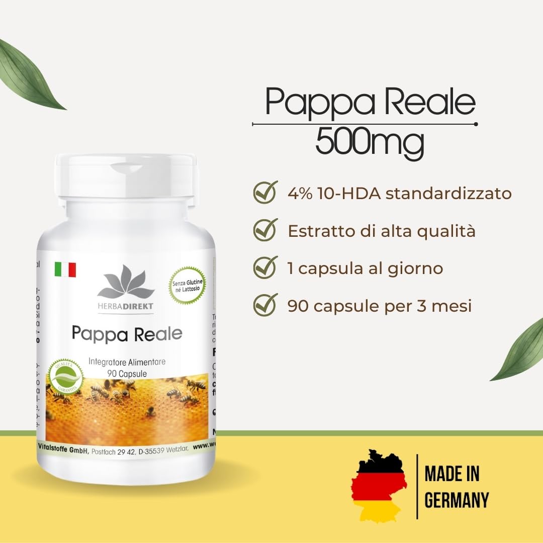 Pappa Reale fresca pura 500mg - Estratto da 2000mg Pappa Reale 4:1-90 Capsule | HERBADIREKT by Warnke Vitalstoffe - Qualità da farmacia tedesca