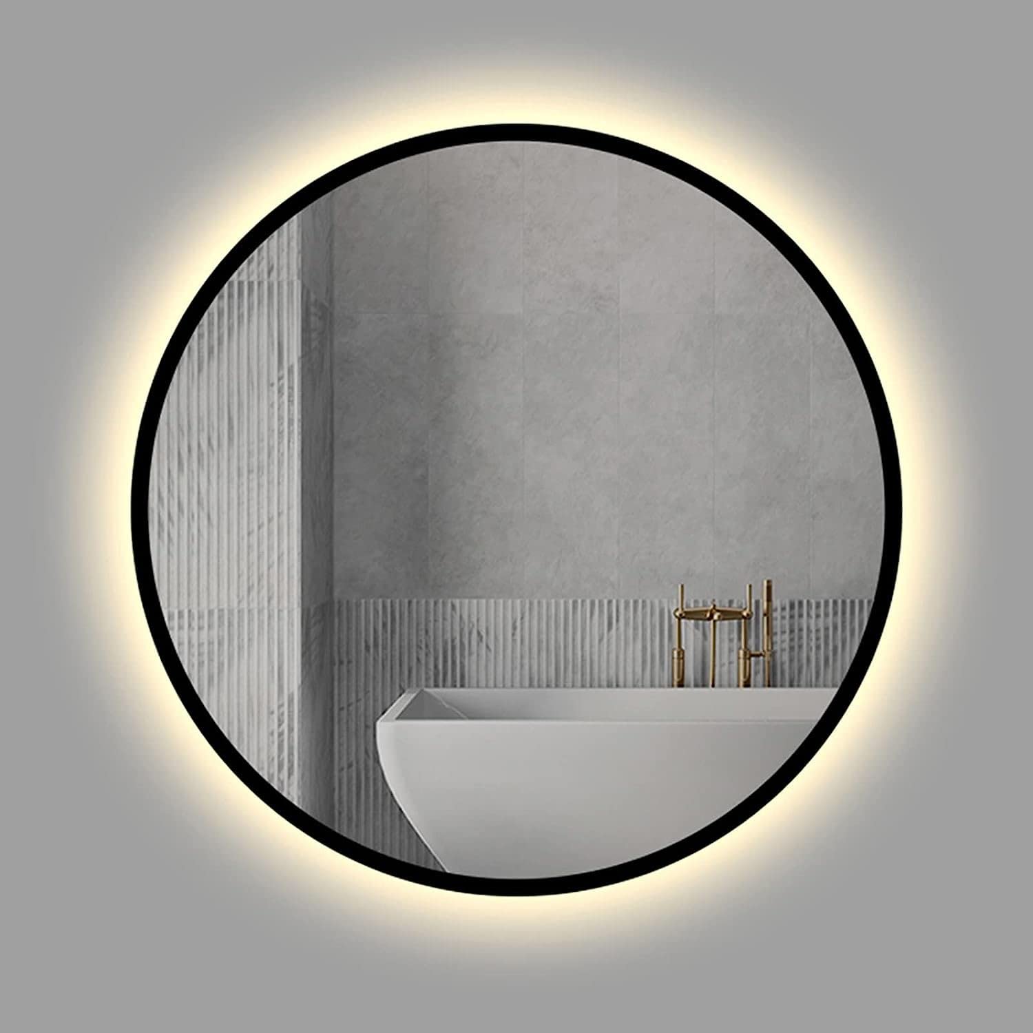 Espejo de baño LED Redondo, Espejo de Maquillaje montado en la Pared, Espejo de baño con Luces, Espejos retroiluminados de tocador Marco Negro, 50 cm / 60 cm / 70 cm / 80 cm, Luz b