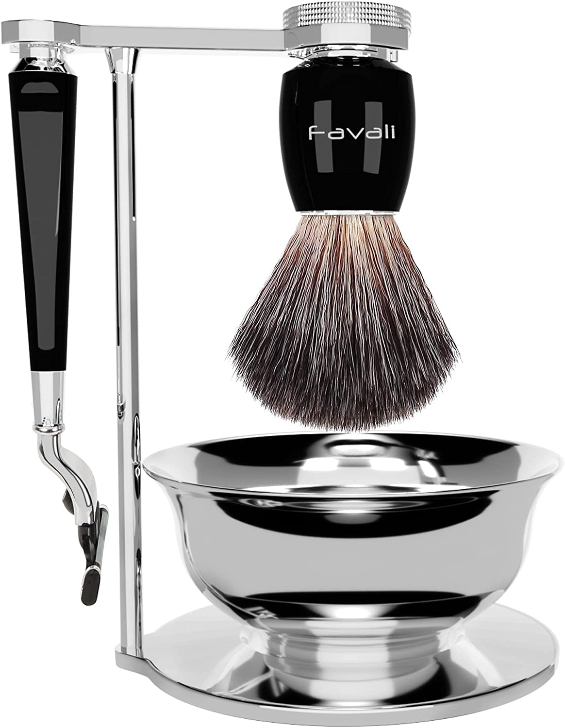 Kit 4in1 per Rasatura con Mach 3 | Supporto in Acciaio Inox con Scodella, Pennello & Rasoio - Set Completo per una Rasatura Perfetta
