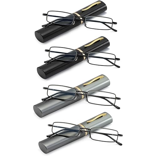 4 Pack Slim Pen Reading Glasses, Blue Light Blocking Compact Reader Glasses with Portable Clip Case (2 Black, 2 Gunmetal, 2.00)