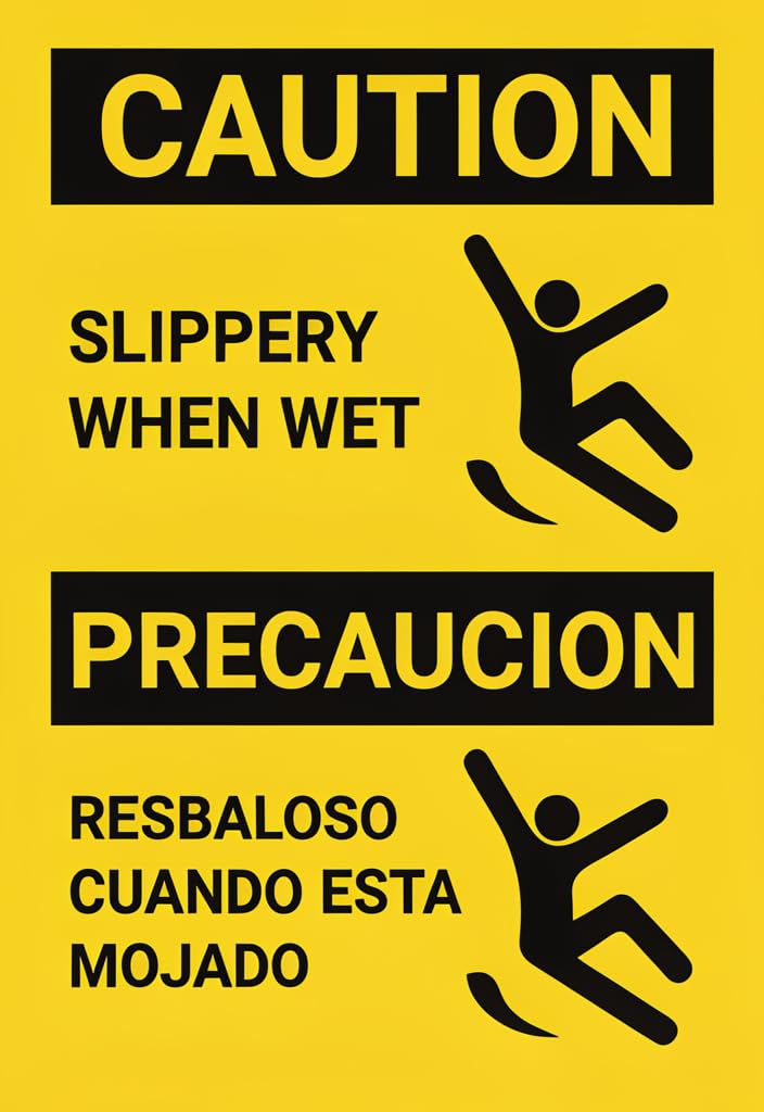 peiyeety Caution Slippery When Wet Tin Sign 12x8 Inch, Bilingual English Spanish Safety Warning Metal Wall Decor, Yellow Black High-Visibility Sign for Bathroom, Kitchen, Pool Area, Workplace