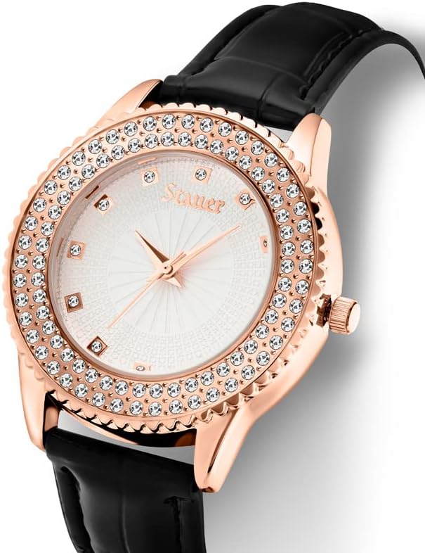 Miniatura 2 de Stauer Sirene - Reloj de oro rosa para mujer, reloj analógico de aleación con acabado dorado rosa con cristales europeos, correa de cuero - Caja de