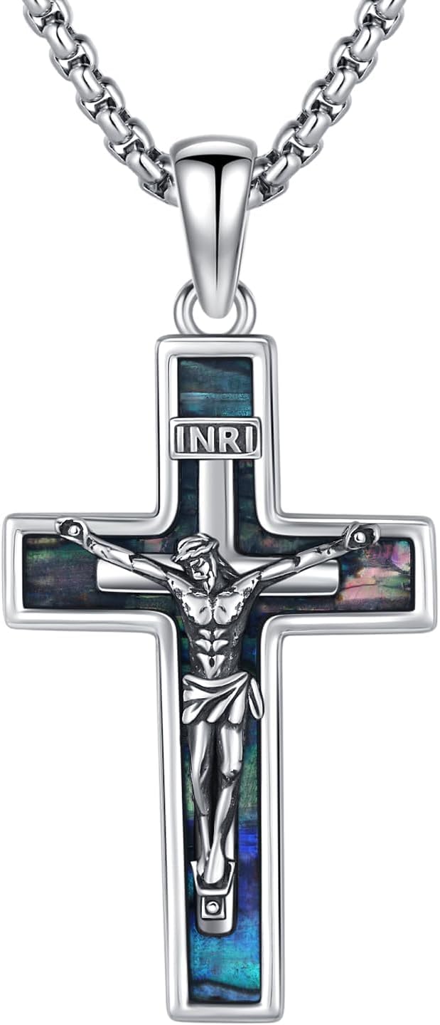 Crucifix Necklace 925 Sterling Silver Jesus/Orthodox Cross Pendant Gold Plated Necklace Abalone/Turquoise/Malachite Cross Jewelry Gift for Men Women Friend Brother