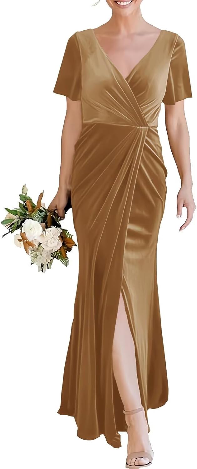 Smileven Velvet Long V Neck Bridesmaid Dresses 2024 Maxi Slit Short Sleeve Formal Party Gowns