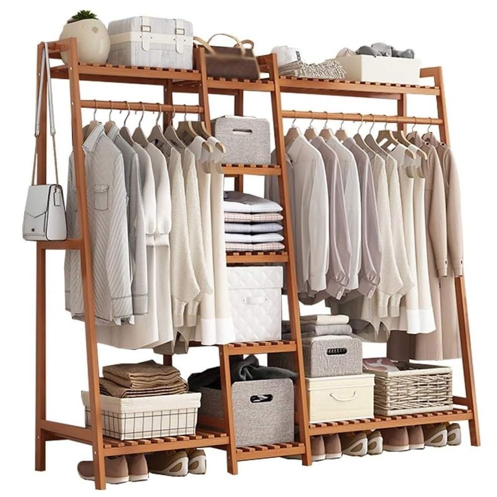 Bamboo Clothing Garment Rack, 7 Tier Freestanding Storage Shelf Coat Clothes Hanging Rack, Portable Wardrobe Closet Organizer with Top Shelf for Bedroom