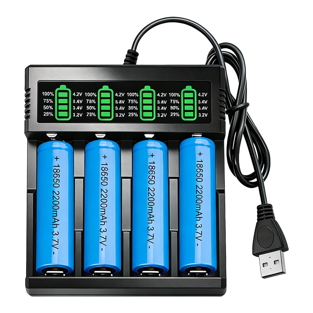 Cargador Pilas Recargables 18650, SGZIOO Cargador Pilas USB C con 4 Piezas 2200 mAh Baterías con Terminal Elevado, para 3.7V Li-Ion Recargable Batería 18650, 21700, 26650, 14500, 18500