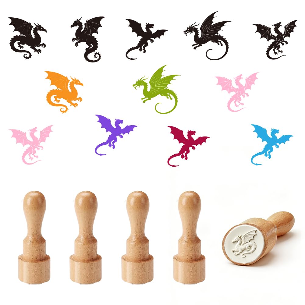 PRESSINART 5 Styles Small Dragon Stamp 0.6 Inch Mini Wooden Rubber Stamps Fantasy Fourth Wing Pattern Round Reusable Seal for DIY Craft Scrapbooking Journaling Card Making Decoration(No Ink Include) — image 1